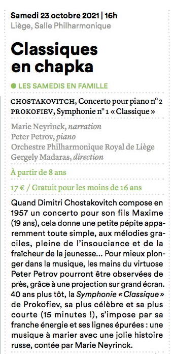 Page Internet. Salle Philharmonique, Liège. Les samedis en famille. Classiques en chapka. 2021-10-23